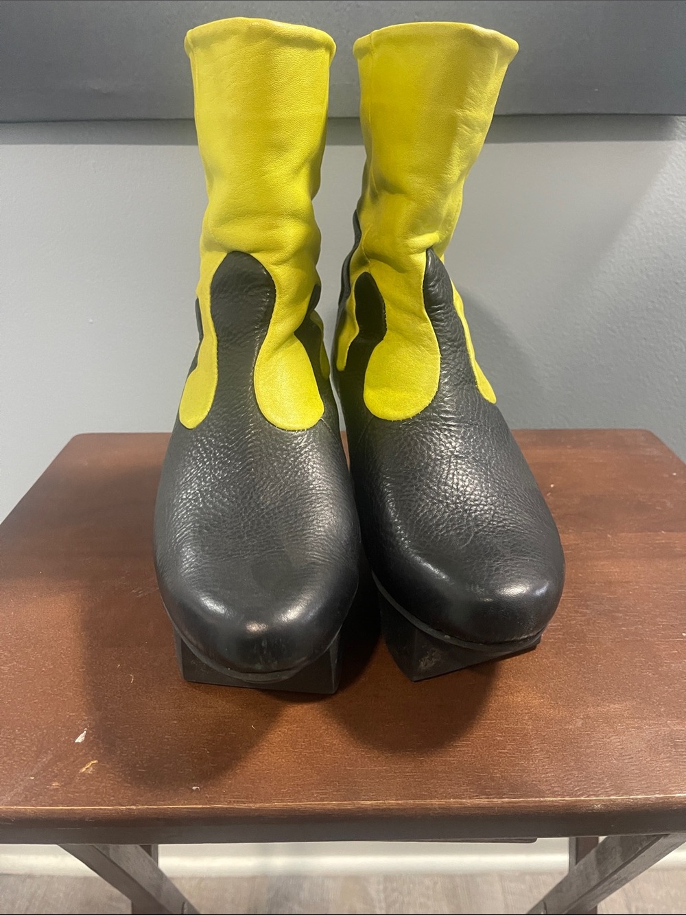 Women's Black and Yellow Leather Platform Ankle Boots